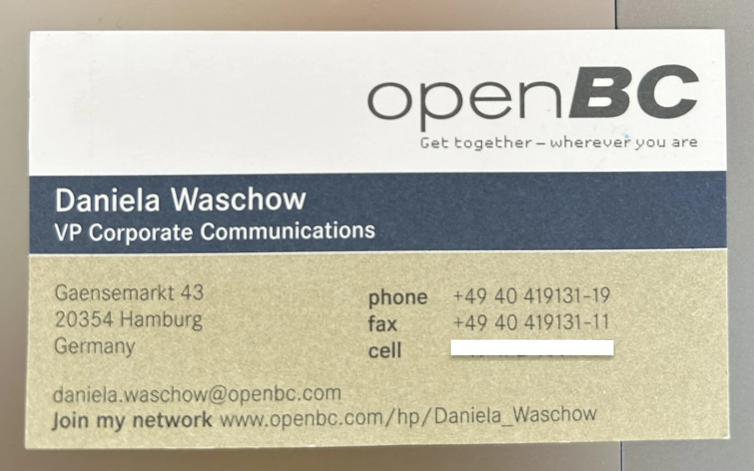Daniela Waschows - as she was named then - business card from openBC.